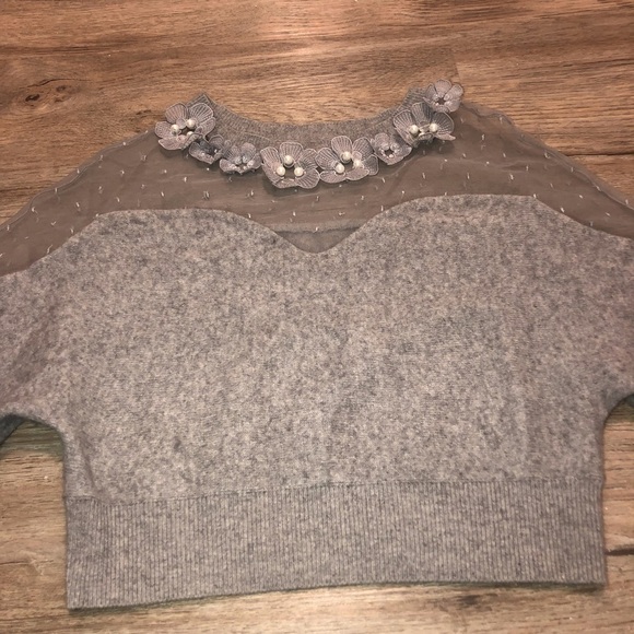 SNIDEL Angora Wool Blend Sheer Shoulder Flower Appliqué Cropped Sweater - Picture 3 of 10